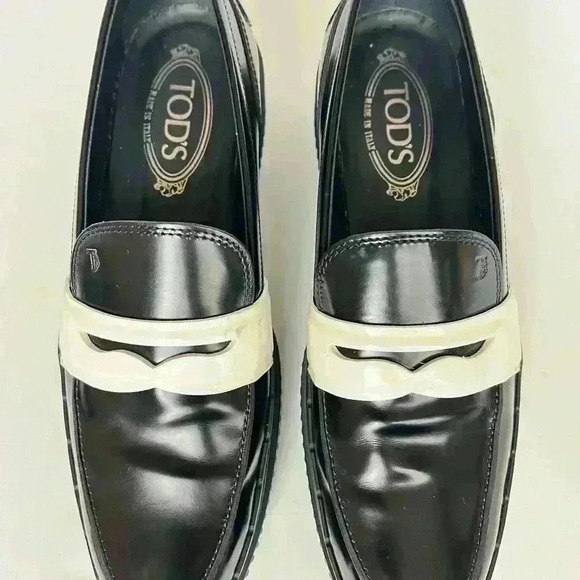 TODS Spazzolato Leather Black Platform White Penny Strap Loafer - Picture 2 of 11